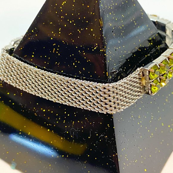 Green Rhinestones and Silver tone Mesh Bracelet Stretch Magnet Closure - Picture 3 of 9